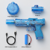AQUABLAZE kit contents flat lay: blaster, tank, scope, battery, USB cable