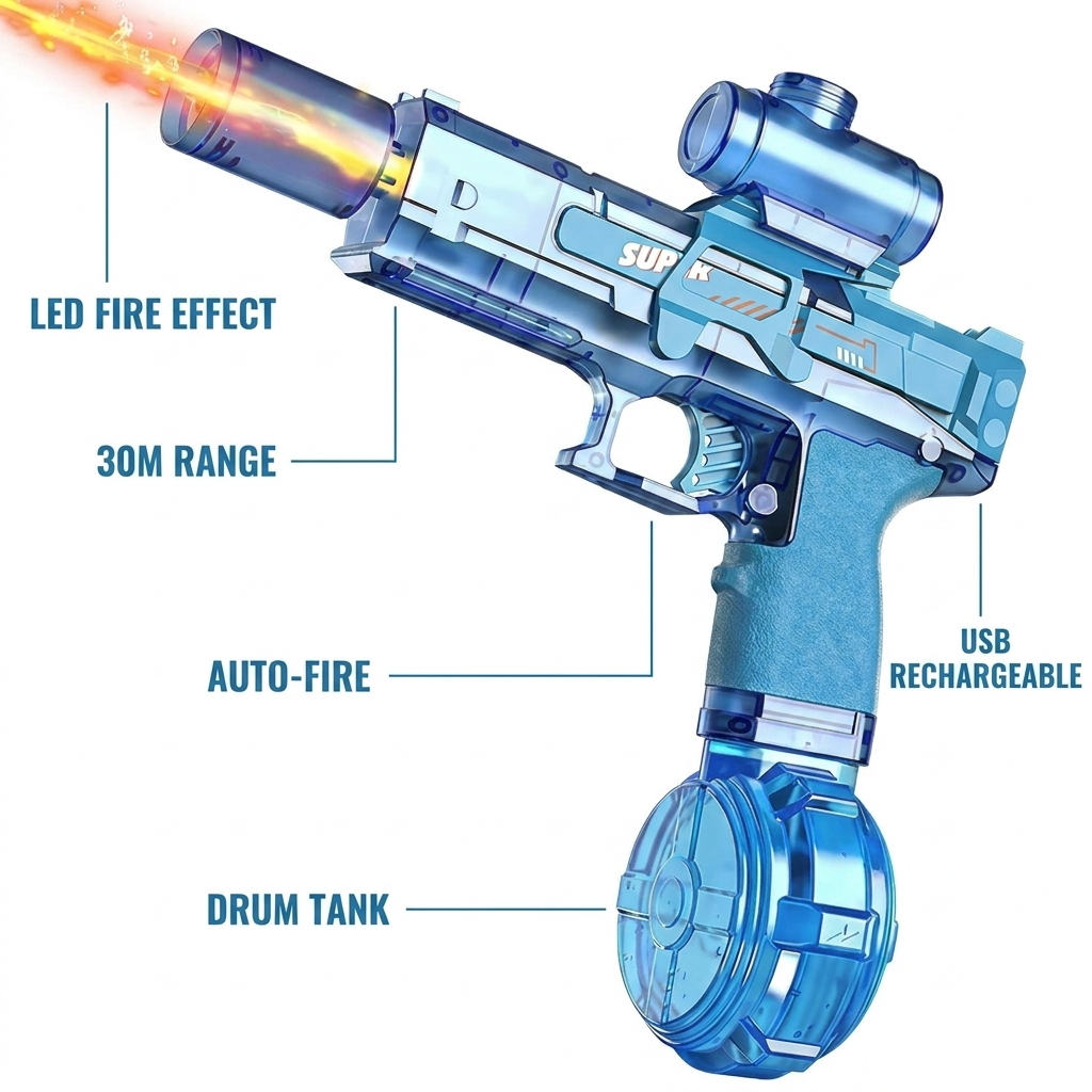 AQUABLAZE features: LED fire effect, 30m range, auto-fire, drum tank, USB rechargeable