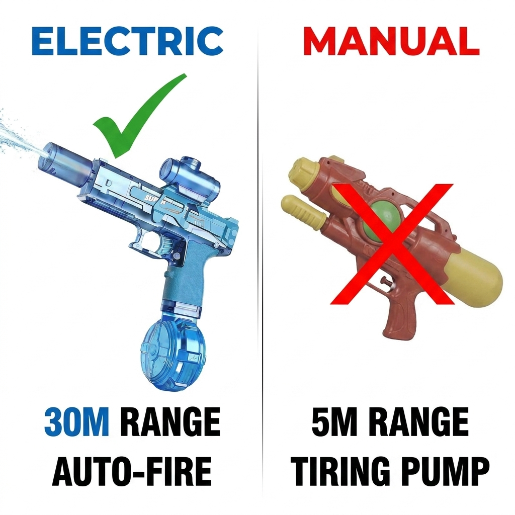 AQUABLAZE electric vs manual water gun comparison: 30m range auto-fire vs 5m tiring pump