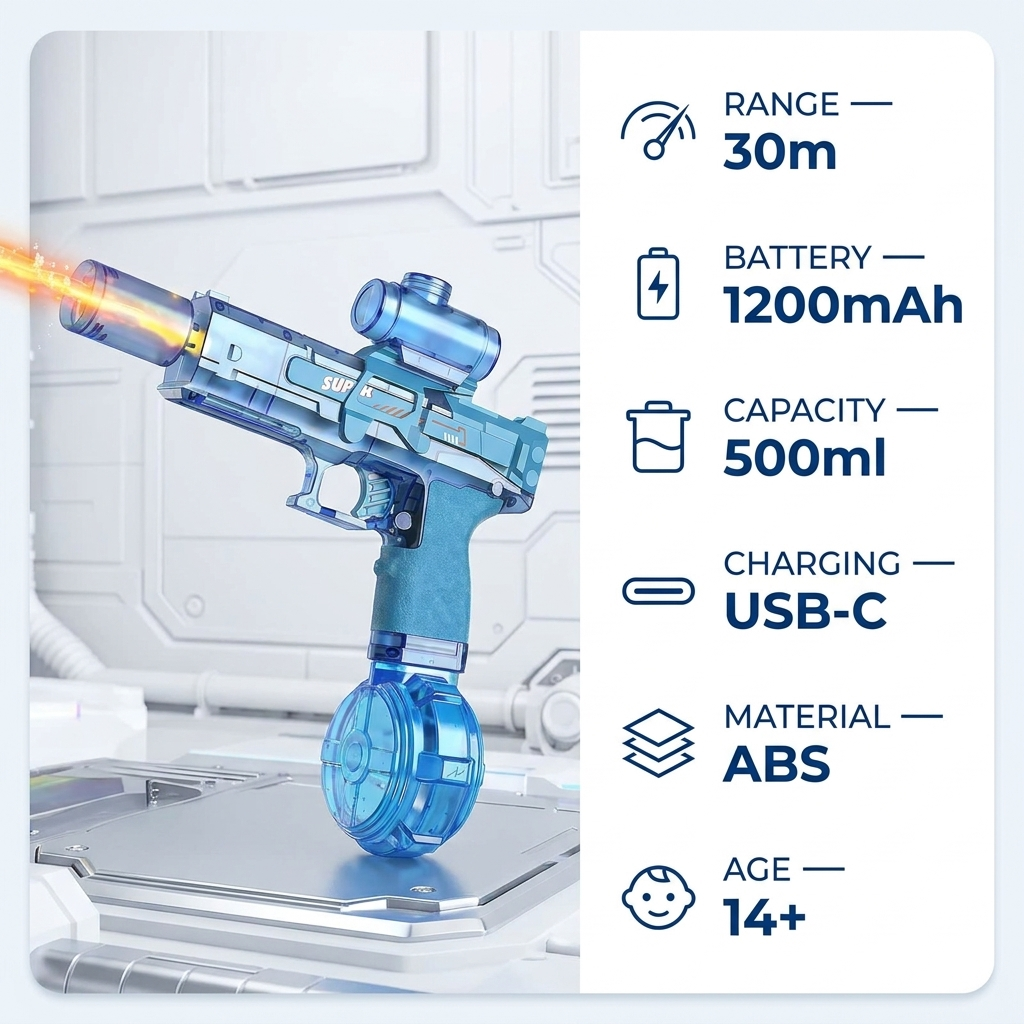 AQUABLAZE technical specs: 30m range, 1200mAh battery, 500ml capacity, USB-C, ABS, age 14+